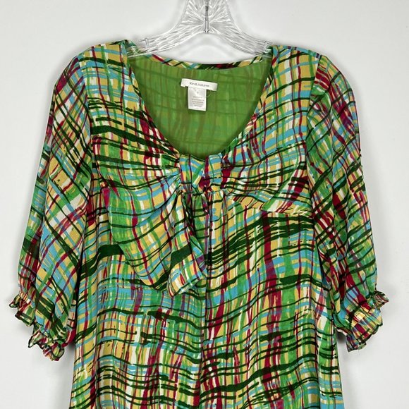 KindLikeLove Womans Green Abstract Plaid Mini Shift Dress Bow Ruffle size Small - Picture 2 of 10